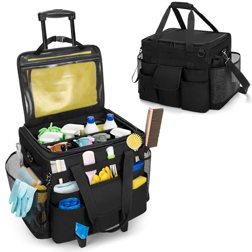 LoDrid Rolling Cleaning Caddy with Lid and Detachable Trolley, Black - color: Black