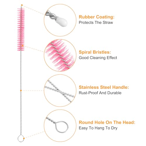 uxcell 10Pcs Drinking Straw Cleaning Brushes, 8" x 3/8" Nylon Bristles Long Straw Brush Pipe Cleaner for Washing Straws Pot Spout, Sippy Cup, Bottle and Tube (Pink) - color: Pink, size: 8" x 3/8"