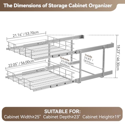 2 Tier Pull Out Cabinet Organizer 24" W X 22" D, Chromed, Full Slide Out - color: 2 Tier - Chrome-Plated, size: 24" W X 22" D