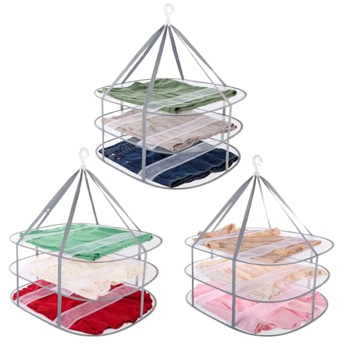 3Pack Sweater Drying Rack Flat Mesh Foldable, 3 Tier Folding Clothes Mesh Dryer Flat with Fixing Band, Large Hanging Collapsible Drying Racks for Laundry Indoor T-Shirt Swimsuit Sweater Underwear