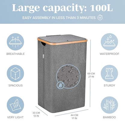 LONBET Laundry Basket with Lid, Made from Breathable Fabric | Aesthetic Clothes Hampers for Laundry with Side Handles & Sturdy Bamboo Frame (26 Gallons - Single, Gray) - color: Gray, style: 26 Gallons - Single