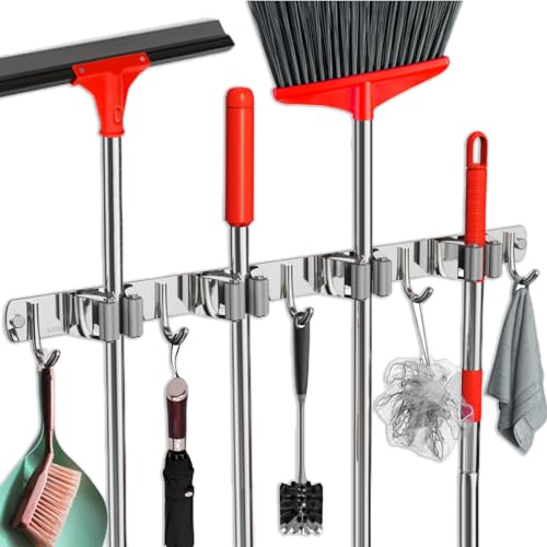 Mop and Broom Holder Wall Mount, Upgraded Broom Hanger Wall Mount, Stainless Steel Broom Organizer for Closet Garage Laundry Room Kitchen Wall Decor(4Racks 5Hooks Silver) - color: Silver, size: 1Pack 4Racks 5Hooks