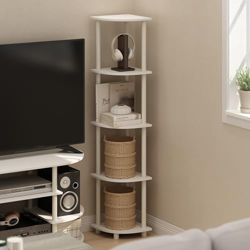 Furinno Turn-N-Tube Corner Shelf, 5-Tier Corner Bookshelf, Open Storage Shelves, for Organization and Storage, Living Room, Home Office, Garage, Bedroom, White - color: White/White, size: 5-Tier Corner