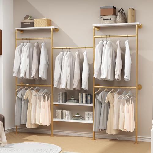 HOMEKAYT Industrial Pipe Clothes Rack with Shelves, Gold Clothing Rack Wall Mounted Heavy Duty Multi-Purpose Storage Clothes Hanging Shelf - 94.5''L Gold - color: gold, size: 94.5''L-B