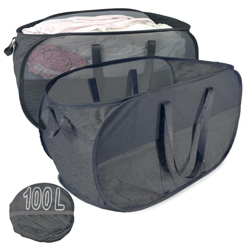 Extra Large Mesh Pop Up Laundry Hamper 2 Pack,100L Collapsible Laundry Baskets, Dirty Clothes Hamper with Reinforced Handles, Folding Hampers for Travel, Nursery, Dorm or Home. Black - color: Black & Black