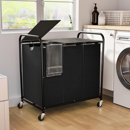 180L Laundry Sorter 3 Section, Rolling Laundry Basket with Wheels and Lid - color: Black-3Sec, size: 47.55Gal