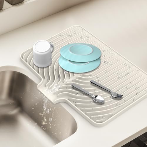 Dish Drying Mat for Kitchen Counter, with Built-in Drain Lip, Food-Grade Silicone, Easy Clean Pad for Countertop Protection, Multi-Functional Use (18x11.8, Beige) - color: Beige, style: 18x11.8