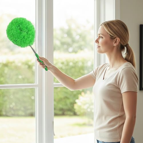 Extendable Feather Duster Telescopic Dust Remover for Home Office Car Furniture High Ceiling Cleaning Multi Purpose Tool(Green,Round Head) - color: Green, size: 12.6 in