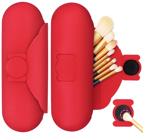 Travel Silicone Makeup Brush Holder with Cleaning Pad and Magnetic Closure - color: Red