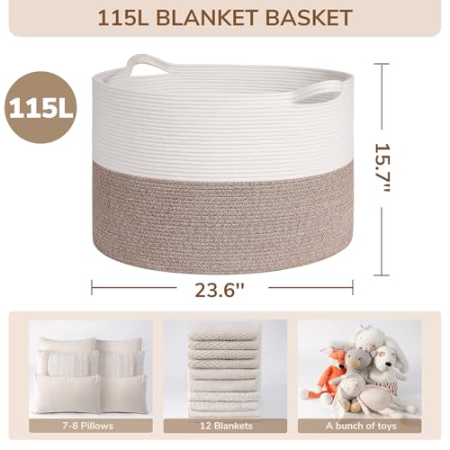 INDRESSME 115L Extra Large Woven Rope Blanket Basket Living Room, Brown - color: White & Brown, size: 23.6"D x 15.7"H