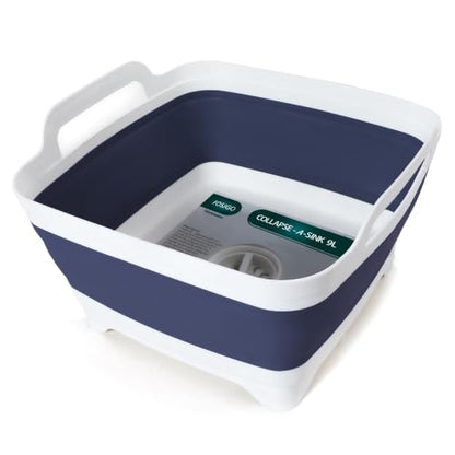 FOSJGO Collapsible Dish Basin with Drain Plug, Foldable Sink, 2.4 Gal (9L) - color: Navy blue