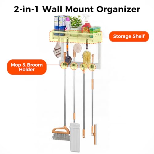 Broom Holder Wall Mount with Shelf,Broom Hanger with 4 Hooks,Broom and Mop Organizer Wall Hanging for Laundry,Garage, Utility,Broom Rack,Cleaning Supplies Organizer and Tool Storage,White - color: White, size: S