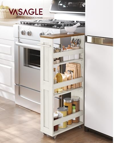 VASAGLE 4-Tier Slide-Out Storage Cart, Slim Kitchen Cart with Wheels - color: Rustic White + Honey Brown, size: 5.9"D