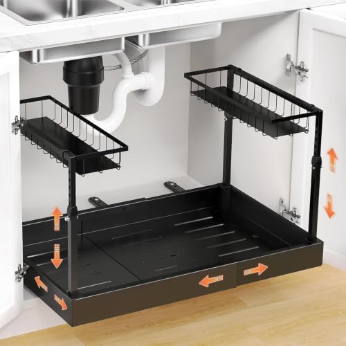 Under Sink Organizer, 2-Tier Slide Out kitchen Storage Metal Shelf, Black - size: Large