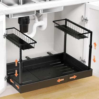 Under Sink Organizer, 2-Tier Slide Out kitchen Storage Metal Shelf, Black - size: Large