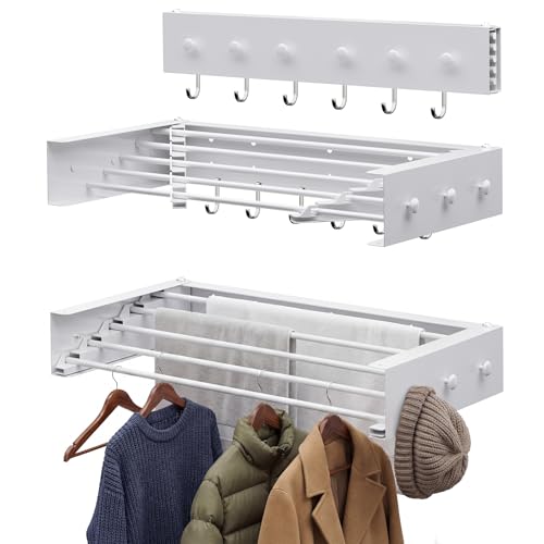 Extra Wide 40" Laundry Drying Rack, Expandable Wall Mounted Clothes Drying Rack with 6 Hooks & 6 Knobs, Heavy Duty Stainless Steel Towel Rack for Indoor Use and Balconies - color: Premium - 6 Knobs & 6 Hooks, size: Width 40"