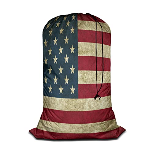 Swono Grunge USA Flag Large Dirty Clothes Laundry Bag for Laundry Basket Hamper, Patriot Striped Design Stars Old Aged Machine Washable Dirty Clothes Organizer, Oxford Cloth, American Banner - color: Grunge USA Flag