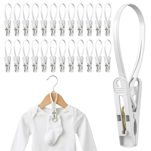 Nogeqi 24 Pack Hanger Clips for Baby Clothes Pants, Hanging Clips for Baby Hangers with Plastic Rope Hooks, Space-Saving Organizer for BabiesToddler Laundry, Closet, Socks Pants