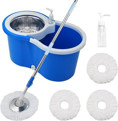 Spin Mop and Bucket with Wringer Set, 3 Microfiber Mop Heads, 61" Handle - color: Blue-1