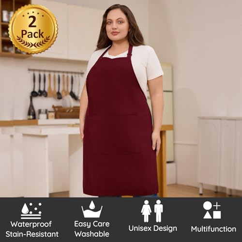 2 Pack Plus Size Waterproof Cooking Chef Apron with 2 Pockets for Men Women - color: Red