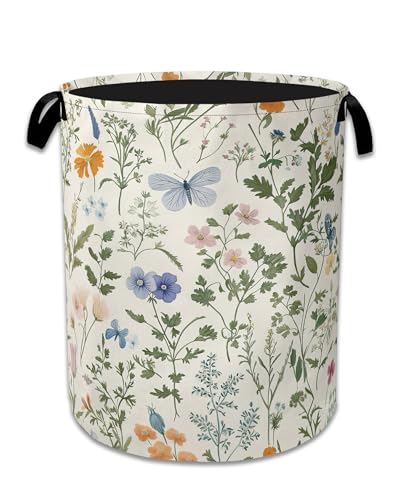 Wildflowers Laundry Hamper With Handle,Foldable Oxford Cloth Vintage Plants Herb Flower Butterfly Laundry Basket,20.8"x16" Clothes Storage Basket for Laundry Room/Bedroom/Bathroom - color: Wildflowers Vintage Plants Herb Flower Butterfly