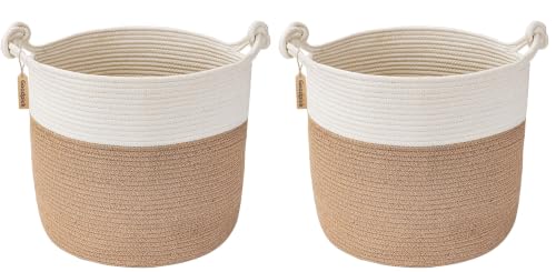 Goodpick Cotton Rope Storage Basket, 15 x 14.2 Inches Jute Woven Basket for Blankets Clothes Organizing, Baby Laundry Baskets Toy Storage With Handle, White Jute (Pack of 2) - color: White Jute, size: 15 × 14.2 inches (Pack of 2)