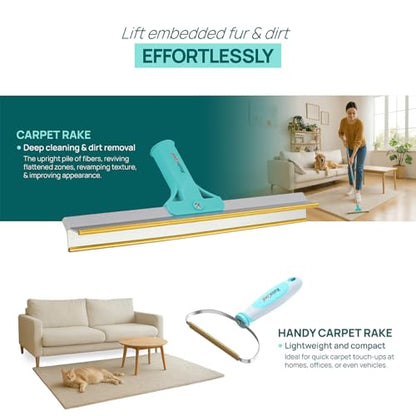 Carpet Rake for Pet Hair Removal, 3-Pack Reusable Dog & Cat Hair Remover Tool Set, Adjustable 56in Long Handle Carpet Rake + Mini Lint Brushes for Rugs, Couches, Floor Mats, Stairs, Car Seats