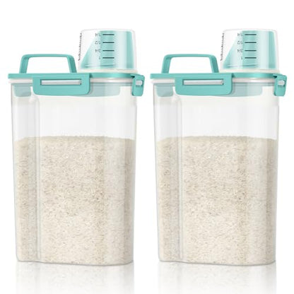 TBMax Rice Container Cereal Storage Container 2 Pack 5 Lbs, Kitchen Pantry Dry Food Storage Holder with Easy-Pouring Spout & Handy Cup, Small Pet Dog Cat Food Dispenser for Daily Feeding -Cyan - color: Cyan 3+3Qt