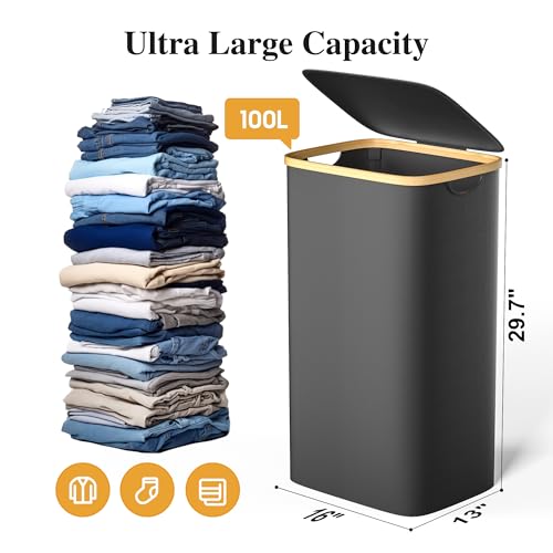Foluck 100L Laundry Hamper with Lid Removable Bag and Bamboo Handles - color: Black, size: 100L