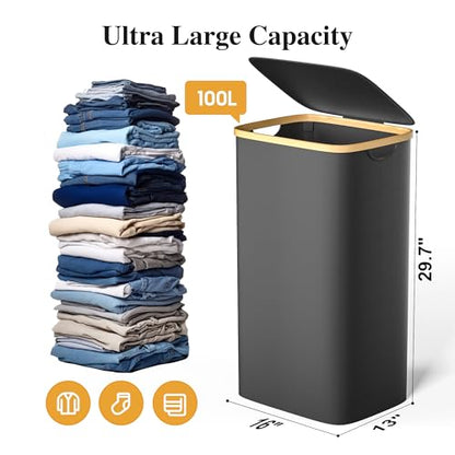 Foluck 100L Laundry Hamper with Lid Removable Bag and Bamboo Handles - color: Black, size: 100L