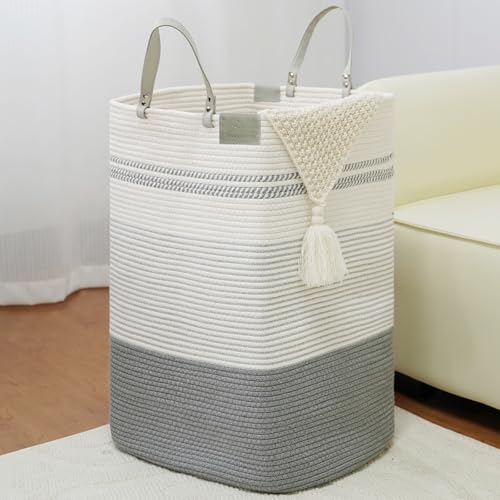 danpinera 100L Nursery Hamper, Tall Woven Laundry Basket with Long Leather Handles, Boho Laundry Hamper for Living Room & Bedroom, Eco-friendly & Convenient Decorative Storage Basket White & Gray - color: White & Gray, size: 100L Square