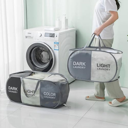 Collapsible Laundry Baskets with 3 Compartments, Black + Grey + Begie - color: Black + Grey + Begie