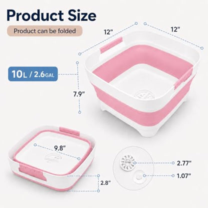 Collapsible Dish Basin with Drain Plug, 2.4 Gal 9L Foldable Wash Basin, Portable Sink Tub for Kitchen, Baby Bottles, Camping, RV, Vegetable Washing and Beverage Tub, Pink - color: Pink