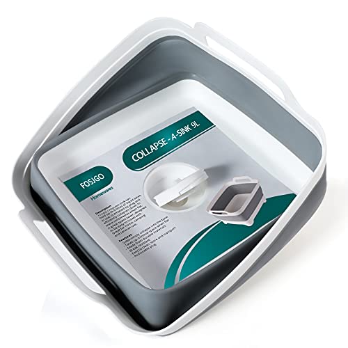FOSJGO Collapsible Dish Basin with Drain Plug, Foldable Sink, 2.4 Gal (9L) - color: Gray