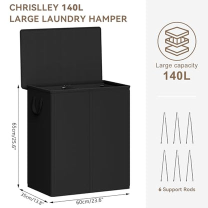 Chrislley Double Laundry Hamper with Lid, 140L Laundry Basket 2 Section - color: Black, size: 140l(24.0"l X 14.2"w X 25.2"h)
