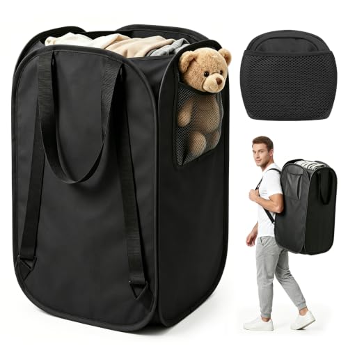 House Again 76L Laundry Backpack, 210D Oxford Heavy Duty Laundry Bag Backpack with Adjustable Shoulder Straps, Foldable Laundry Bag for College Dorm and Travel, Black - color: Black, size: 1-Pack