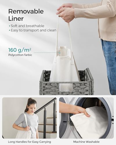 SONGMICS Laundry Hamper with Lid, 23.8 Gal (90 L) Synthetic Rattan,Foldable - color: Dove Gray, size: 90 L