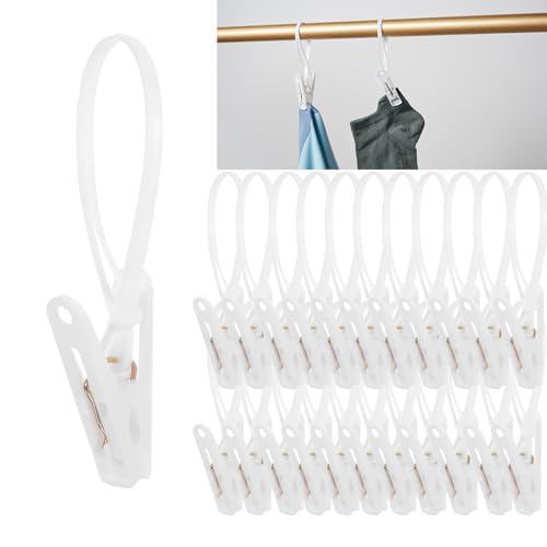 60 Pcs White Multi-Purpose Laundry Hooks Hanging Clips Bulk with Plastic Rope Hanger Clips for Hanging Clips for Baby Clothes, Pants, Hat, Socks, Towels, Bras - Closet, Bathroom & Kitchen Organization