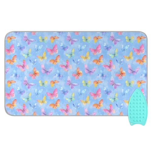 Ironing Mat Portable Ironing Pad Blanket with Silicone Iron Rest for Table Top Travel Heat Resistant Double-Side Using Large 47x28 Inch Foldable Colorful Watercolor Butterflies - color: Colorful Watercolor Butterflies