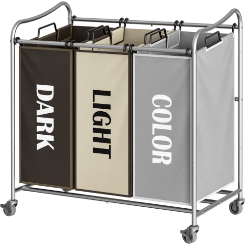 Simple Houseware Heavy Duty 3-Bag Laundry Sorter Rolling Cart, Assorted - color: Silver/Assorted
