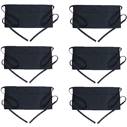 BOHARERS 6 Pack Server Apron with 3 Pockets Black Waitress Aprons Half Waiter Bistro Apron Waist Aprons Waterproof - color: F-6 Pack Black