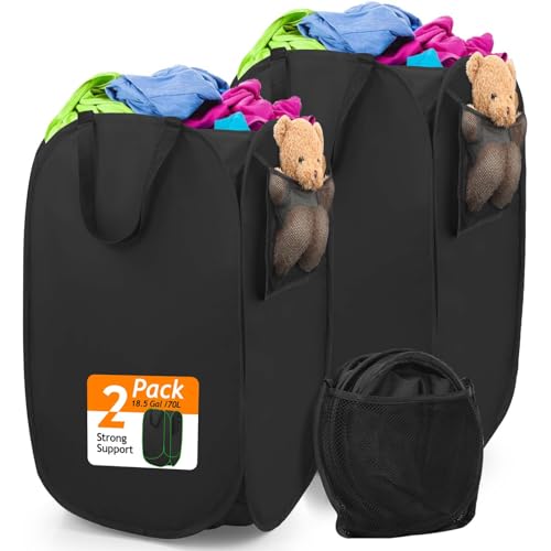 Upgraded Polyester Pop-up Laundry Hamper 2 Pack, 70L(18.5 Gal) Laundry Basket with Durable Handles Solid Bottom High Carbon Steel Frame and Side Pocket, Easy to Open Fold Flat for Storage - color: Deep Black, size: 2-Pack