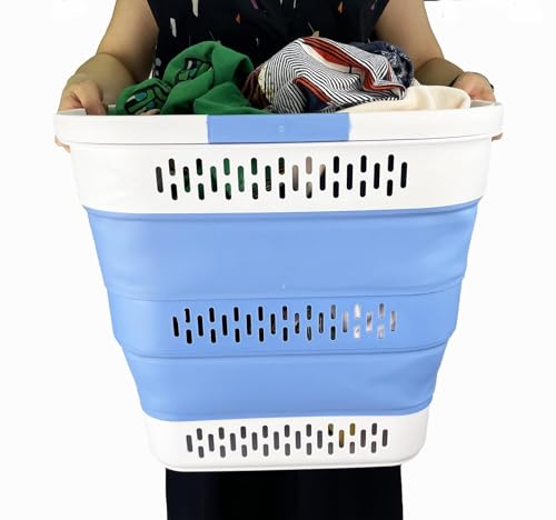 SAMMART 40L (10.5 Gallon) Collapsible Plastic Laundry Basket with Handles - Foldable Pop Up Storage Container/Organizer - Portable Laundry Hamper - Space Saving (1, Grey/Little Boy Blue) - color: Grey/Little Boy Blue