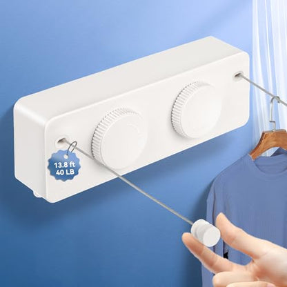 Retractable Clothesline Indoor Outside Heavy-Duty, Upgrade 304 Double Stainless Steel Shower Room Clothes line, Fit Rv Balcony Courtyards Indoor Drying Rack Clothesline, 13.8ft - style: white