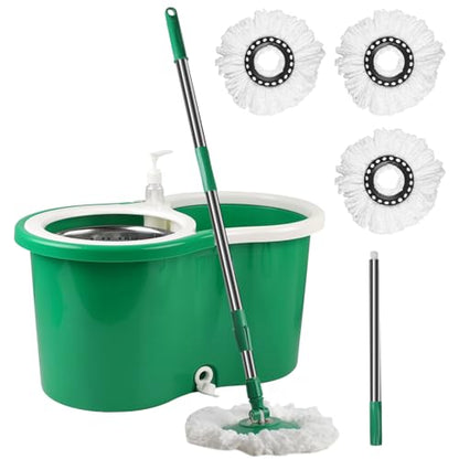 Spin Mop and Bucket with Wringer Set, 3 Microfiber Mop Heads, 61" Handle - color: Green