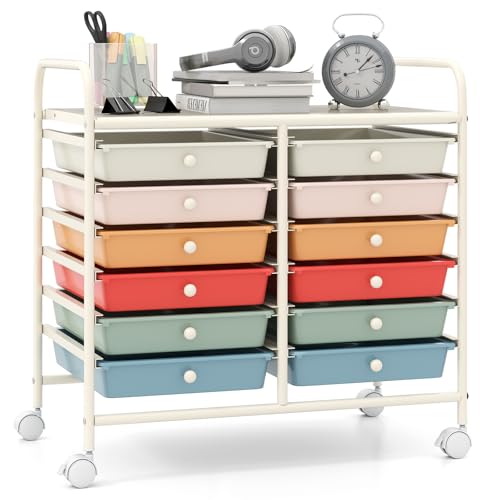 Giantex 12 Drawers Rolling Cart, Mobile Storage Drawer Cart, Classroom Organizer Cart for Office School Supplies Tools Scrapbook Paper Craft Small Printer, Utility Cart on Wheels, Macaron - color: Macaron, size: 12 Drawer-25”x15”x24.5”