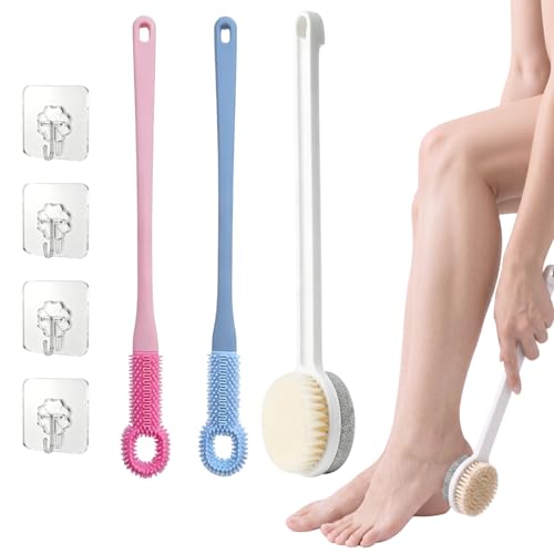 Foot Scrubber with Pumice Stone & 2 Pcs Toe Cleaning Brush, Long Handle Callus Remover for Feet, Toe Cleaning Brush for Dead Skin, Shower Foot Brush for Seniors, Elderly, Men Women (Include 4 Hooks)
