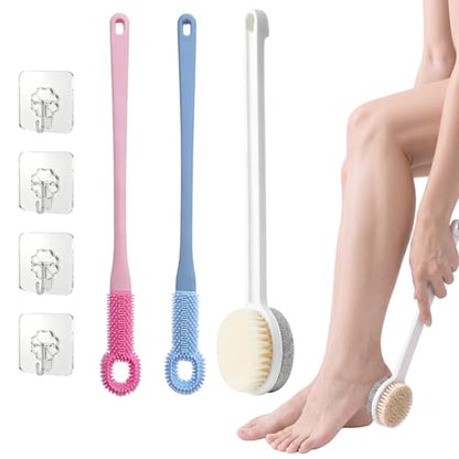Foot Scrubber with Pumice Stone & 2 Pcs Toe Cleaning Brush, Long Handle Callus Remover for Feet, Toe Cleaning Brush for Dead Skin, Shower Foot Brush for Seniors, Elderly, Men Women (Include 4 Hooks)