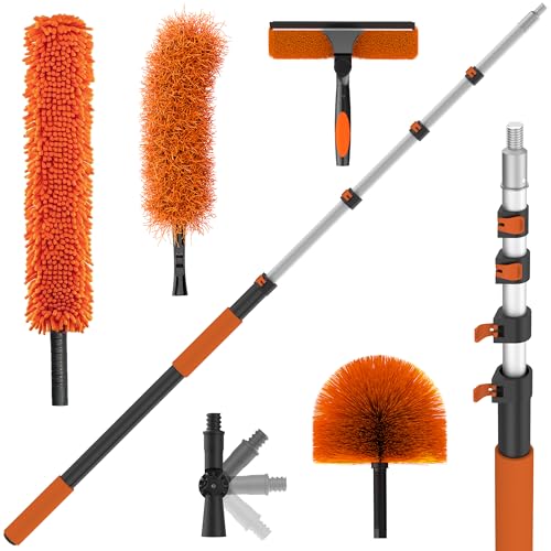 30FT High Reach Duster Kits with 5-24FT Extension Pole, Cobweb Duster with Telescoping Pole, Washable Ceiling Fan Cleaner & Window Squeegee for Glass Surfaces & High Roof - size: 5-24FT