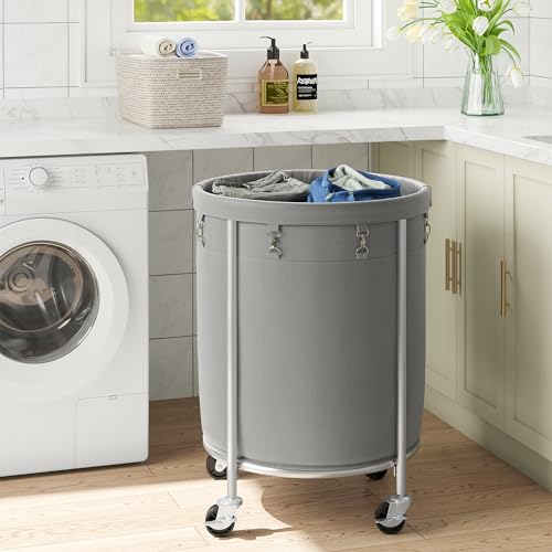 ELYKEN Laundry Basket with Wheels, Round Rolling Laundry Hamper, Gray - color: Gray, size: 170L